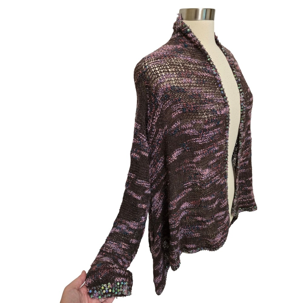 Laurie B. Brown Purple Space Dye Wool Angora Sequin Trim Open Cardigan Sweater L